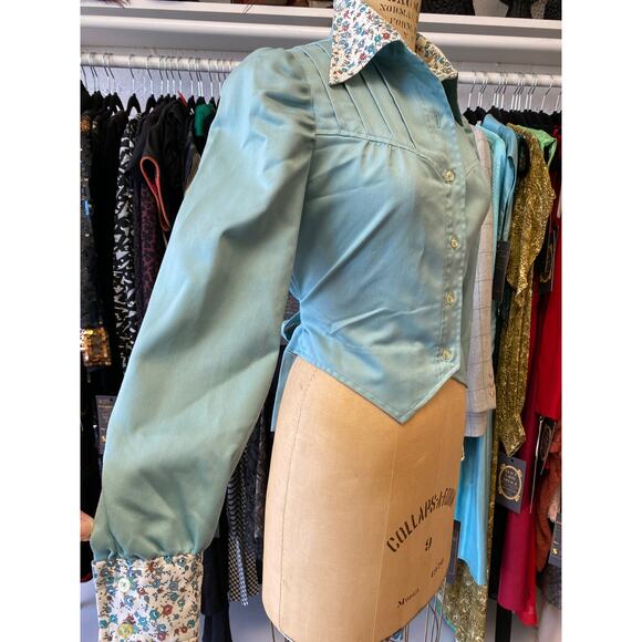 Vintage 1970s cropped aqua cotton jacket with puff shoulders floral trim small - Picture 3 of 8